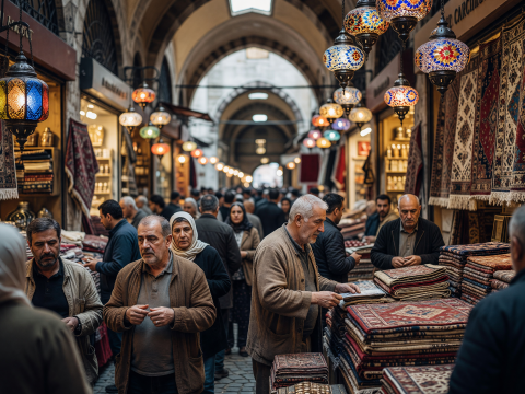 Bustling Grand Bazaar in Istanbul with Colorful Lanterns and Carpets