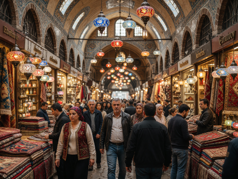 Bustling Grand Bazaar in Istanbul with Colorful Lanterns and Carpets