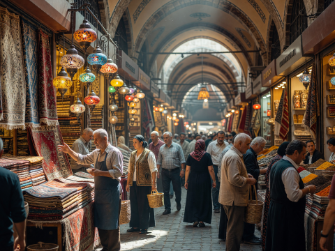 Bustling Grand Bazaar in Istanbul with Colorful Rugs and Lanterns
