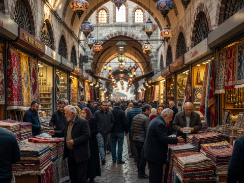 Bustling Grand Bazaar in Istanbul with Colorful Rugs and Lanterns
