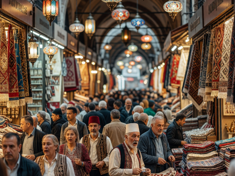 Bustling Grand Bazaar in Istanbul with Traditional Carpets and Lanterns
