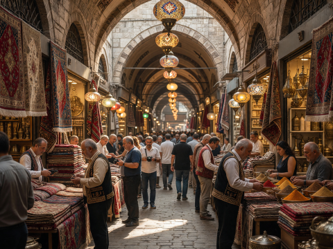Bustling Grand Bazaar in Istanbul with Traditional Carpets and Spices