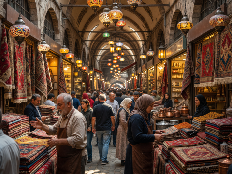 Bustling Grand Bazaar in Istanbul with Traditional Carpets