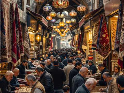 Bustling Grand Bazaar in Istanbul with Traditional Lamps and Carpets