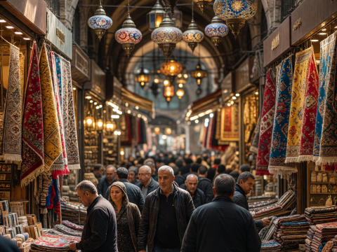 Bustling Grand Bazaar in Istanbul with Traditional Lamps and Carpets