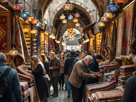 Bustling Grand Bazaar in Istanbul with Traditional Rugs and Lanterns