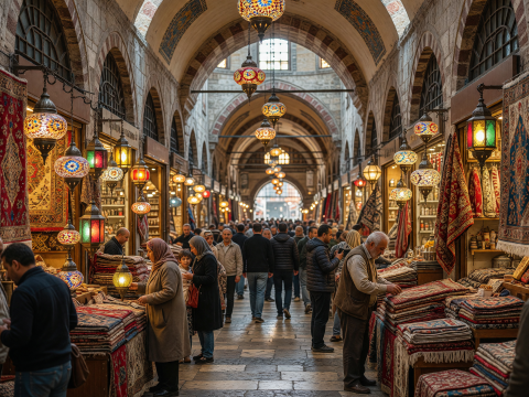 Bustling Grand Bazaar with Colorful Lanterns and Carpets