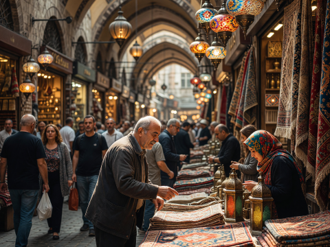 Bustling Grand Bazaar with Colorful Lanterns and Carpets