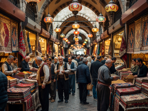 Bustling Grand Bazaar with Colorful Lanterns and Carpets