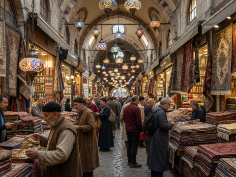 Bustling Grand Bazaar with Colorful Lanterns and Carpets