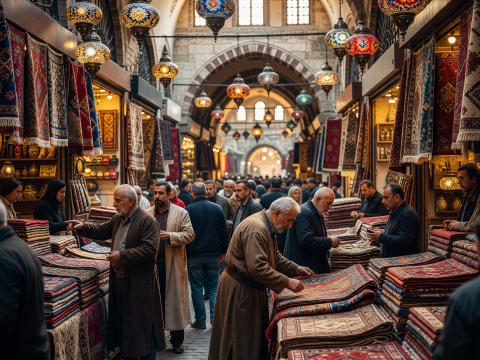 Bustling Grand Bazaar with Colorful Lanterns and Carpets