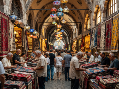 Bustling Grand Bazaar with Colorful Lanterns and Carpets