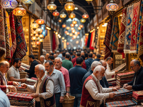 Bustling Grand Bazaar with Colorful Lanterns and Carpets