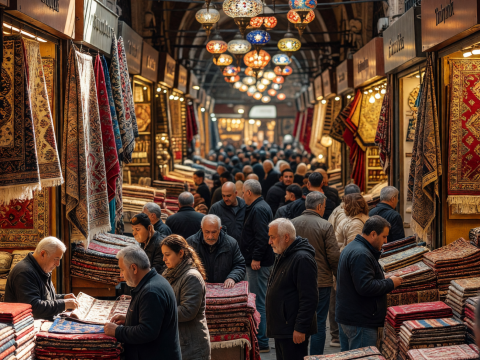 Bustling Grand Bazaar with Colorful Lanterns and Carpets