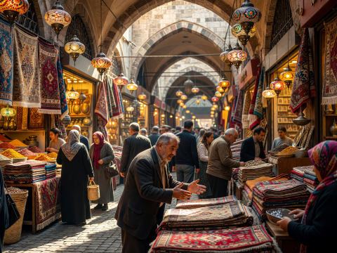 Bustling Grand Bazaar with Colorful Lanterns and Carpets