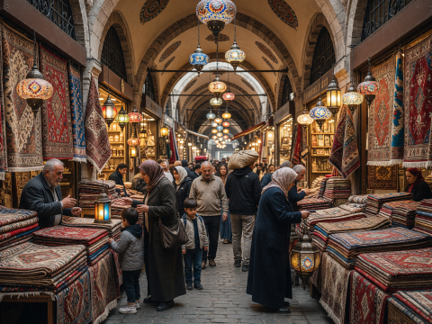 Bustling Grand Bazaar with Colorful Lanterns and Carpets