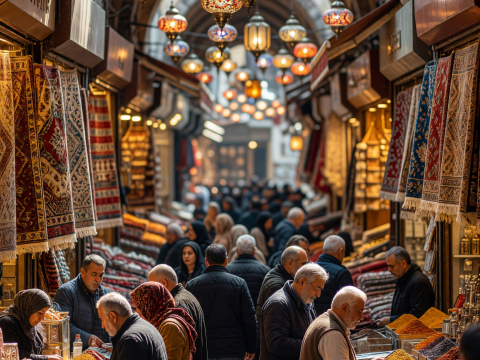 Bustling Grand Bazaar with Colorful Lanterns and Carpets