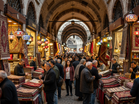 Bustling Grand Bazaar with Colorful Lanterns and Carpets