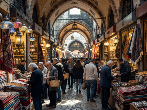 Bustling Grand Bazaar with Colorful Lanterns and Carpets