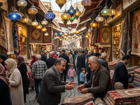 Bustling Grand Bazaar with Colorful Lanterns and Carpets