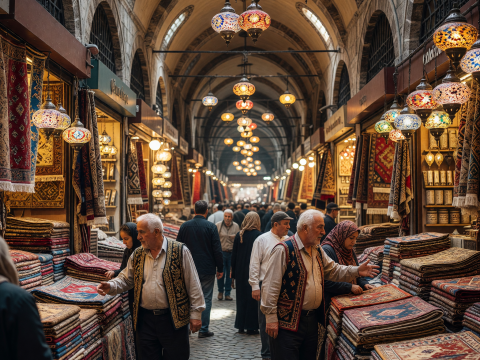 Bustling Grand Bazaar with Colorful Lanterns and Carpets