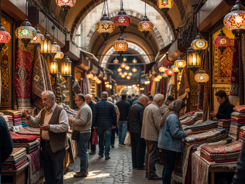Bustling Grand Bazaar with Colorful Lanterns and Carpets