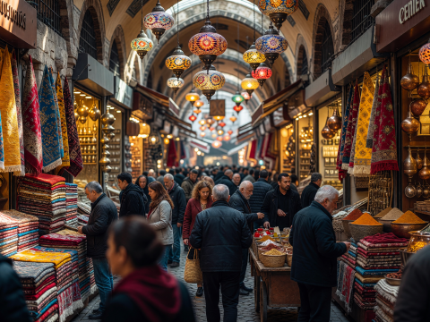Bustling Grand Bazaar with Colorful Lanterns and Carpets