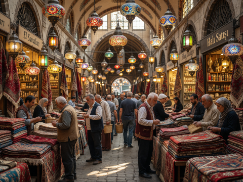 Bustling Grand Bazaar with Colorful Lanterns and Carpets