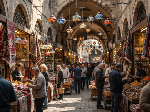 Bustling Grand Bazaar with Colorful Lanterns and Carpets