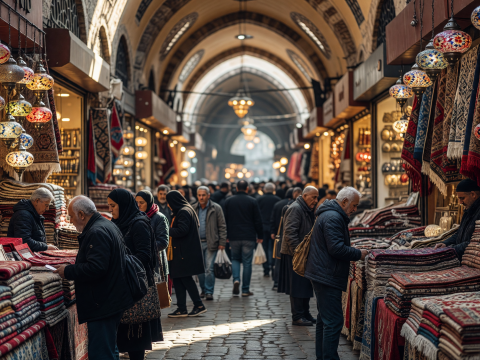 Bustling Grand Bazaar with Colorful Lanterns and Carpets