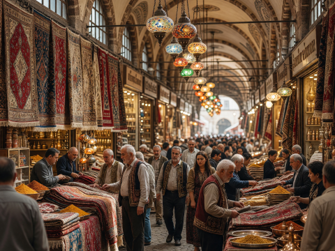 Bustling Grand Bazaar with Handwoven Rugs and Lanterns