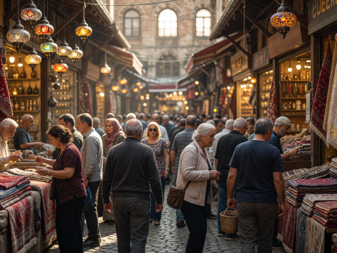 Bustling Grand Bazaar with Traditional Carpets and Lanterns