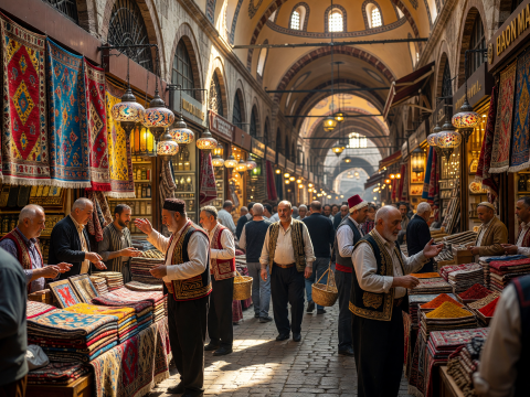 Bustling Grand Bazaar with Traditional Lanterns and Carpets