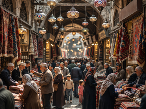 Bustling Grand Bazaar with Traditional Lanterns and Carpets