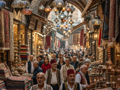 Bustling Grand Bazaar with Traditional Lanterns and Carpets