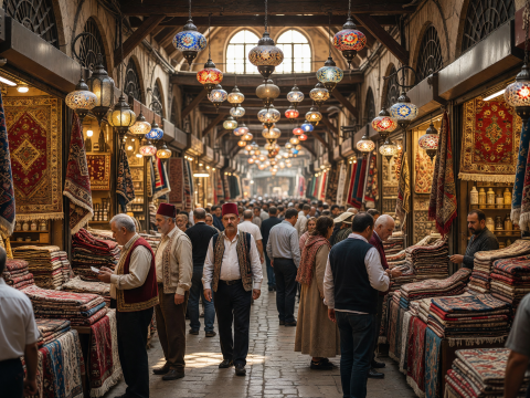 Bustling Grand Bazaar with Traditional Lanterns and Carpets