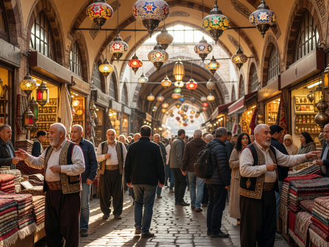 Bustling Grand Bazaar with Traditional Lanterns and Carpets