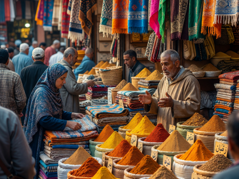 Bustling Moroccan Spice Souk with Colorful Textiles