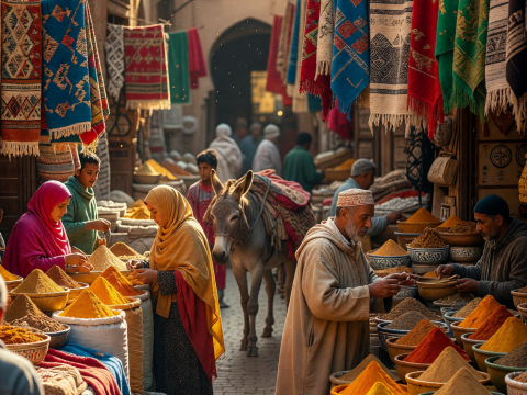 Bustling Moroccan Spice Souk with Colorful Textiles