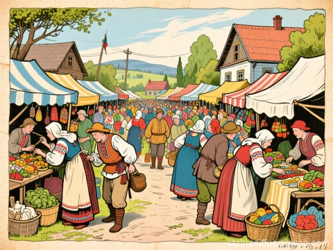 Bustling Russian Village Fair in Traditional Attire