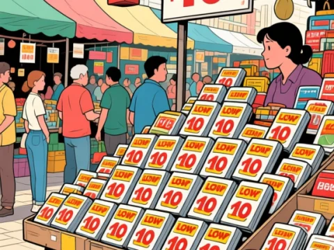 Busy Market Stall Selling Low-Priced Goods