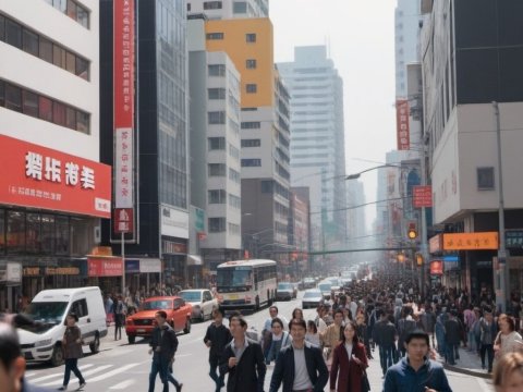 Busy Urban Street Scene with Crowds and Traffic