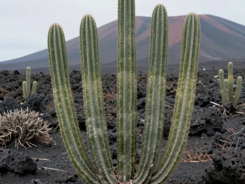 Cactus Growing on Volcanic Terrain with Mountain Background