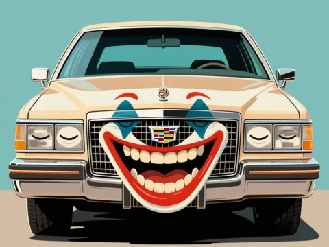 Cadillac DeVille with Playful Clown Face Grill Illustration