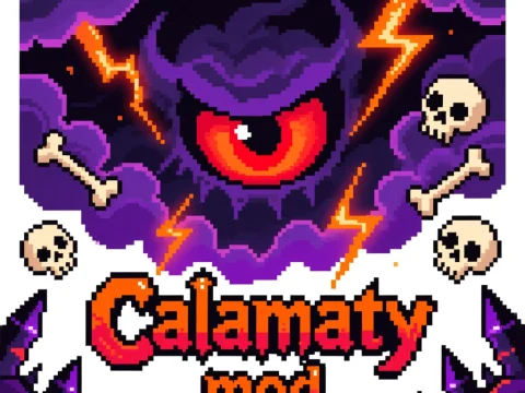 Calamity Mod Pixel Art Logo with Dark Eye and Lightning