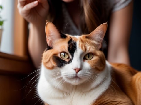 Calico Cat Relaxing Indoors with Woman in Background