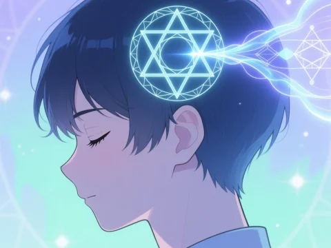 Calm Anime Boy with Mystical Geometric Aura
