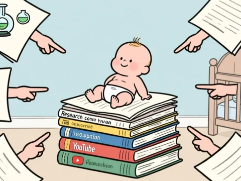 Calm Baby Sitting on Stack of Research Books Pointed by Hands