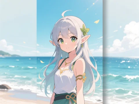 Calm Elf Girl by the Ocean in Anime Style