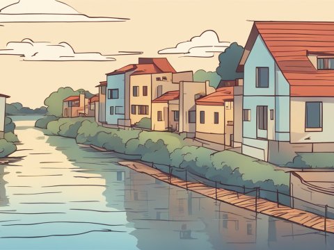 Calm Riverside Village with Colorful Houses